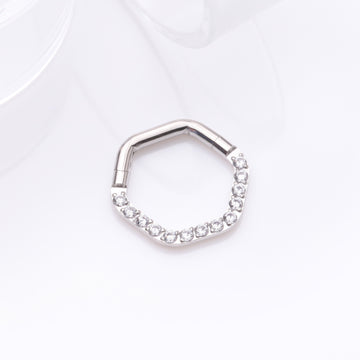 Detail View 1 of Brilliant Sparkle Multi-Gem Hexagon Clicker Hoop Ring-Clear Gem